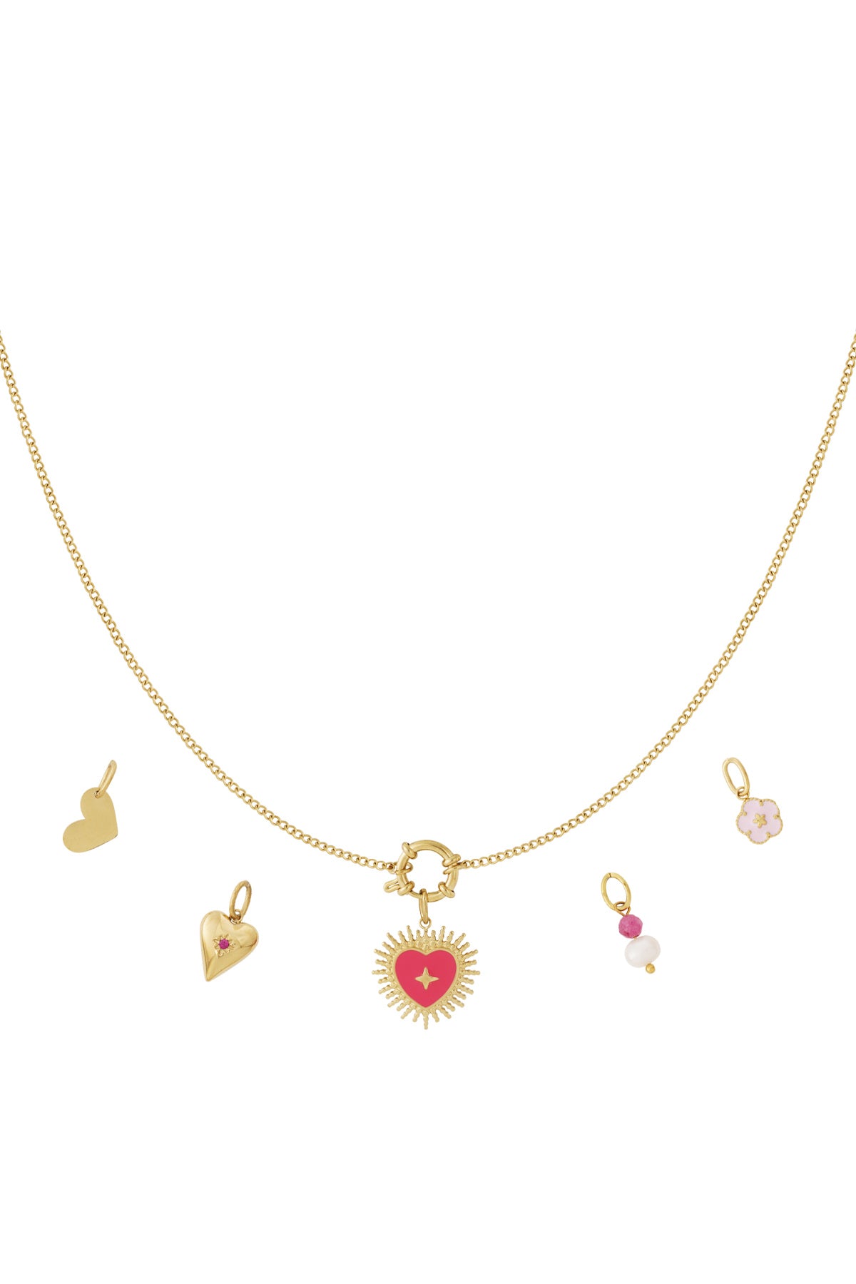Gold chain necklace with five gold and red heart and floral charms arranged alongside chain
