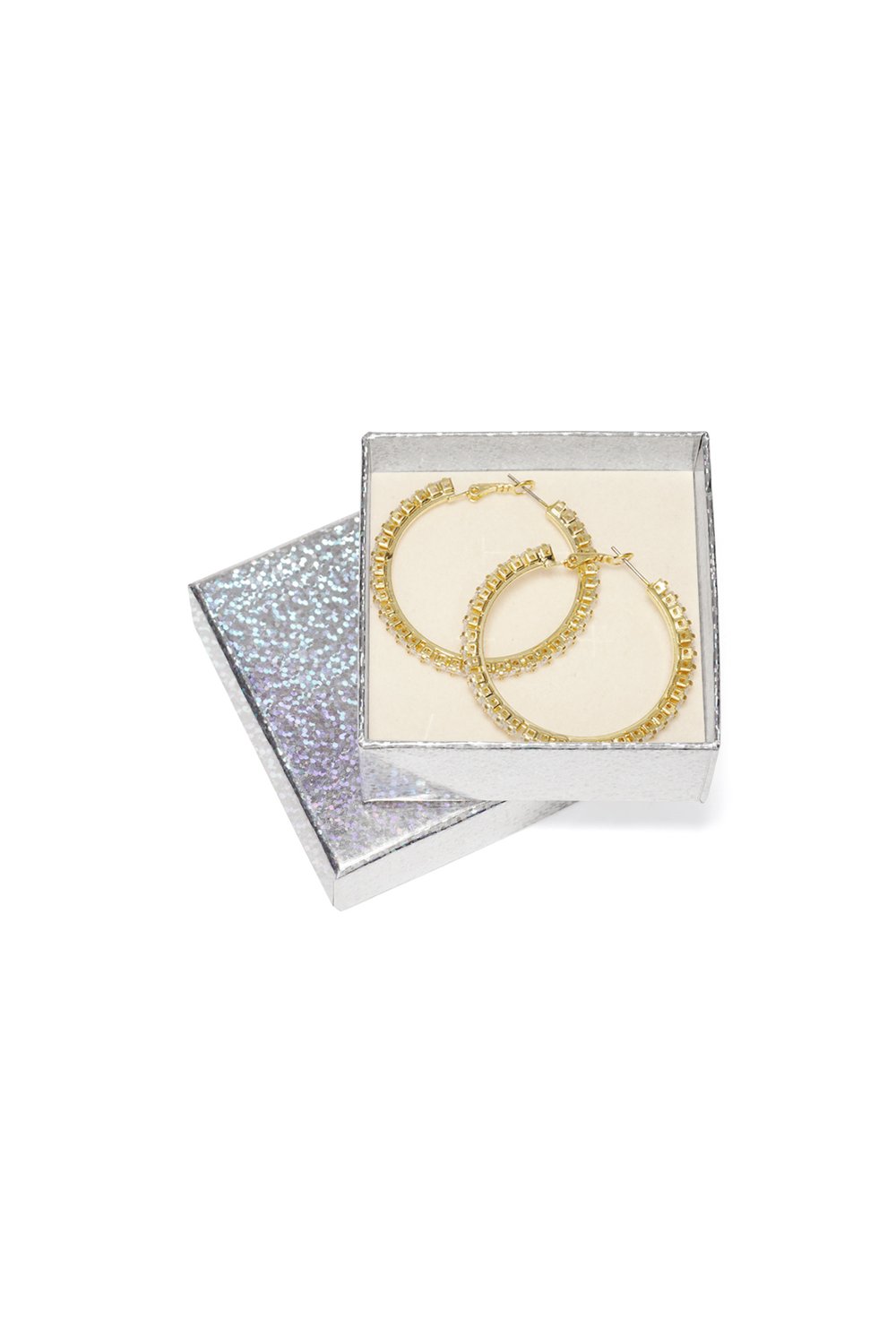 Glazed Aura Shimmer Loops: gold-toned rhinestone hoop earrings displayed in a shimmering silver gift box.