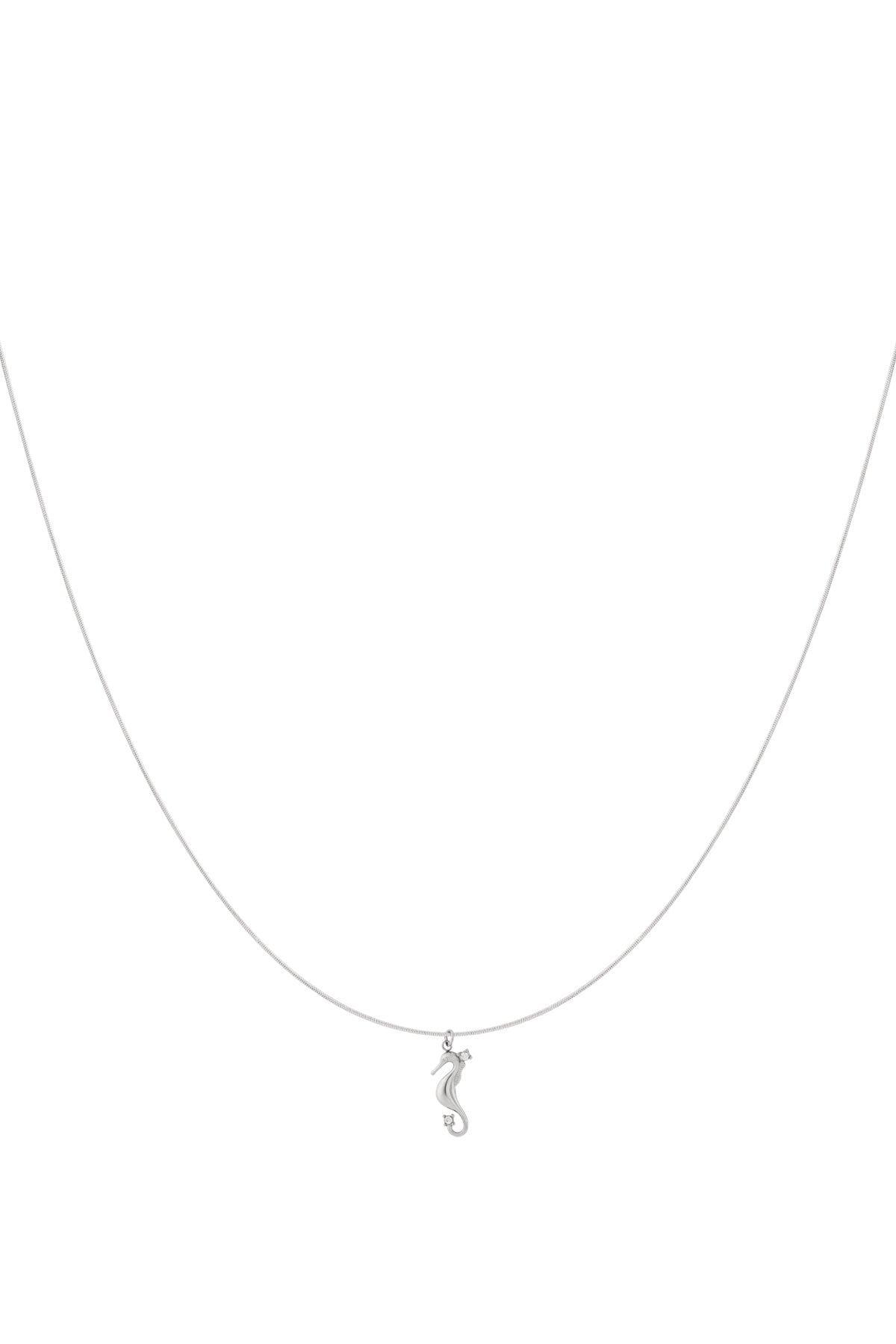 Silver seahorse pendant necklace with rhinestone accents displayed on a white background