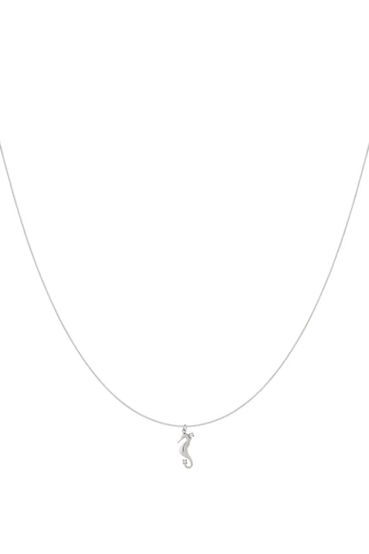 Silver seahorse pendant necklace with rhinestone accents displayed on a white background
