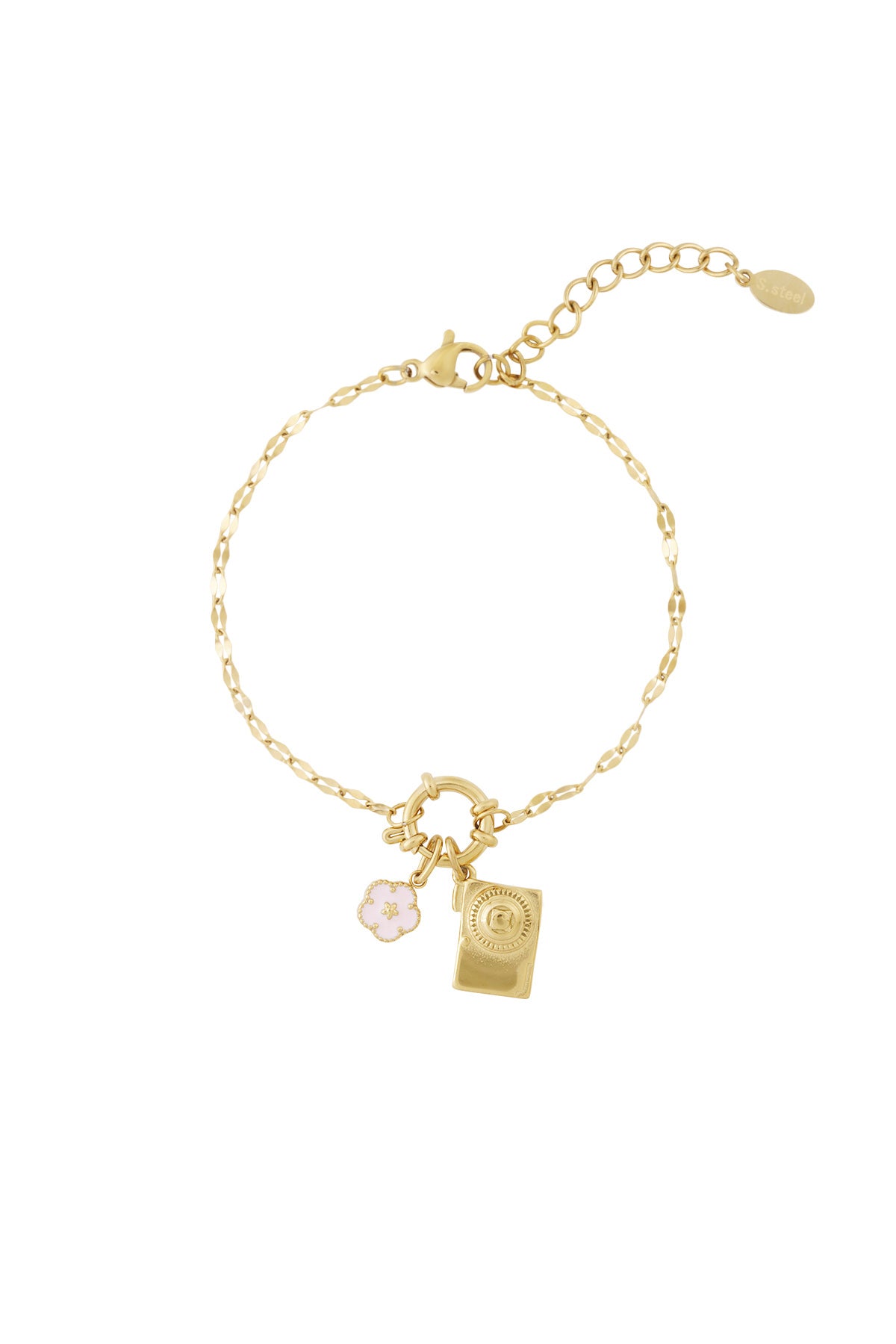Gold chain bracelet with Eiffel Tower charm removed, displaying camera and pink flower charms on the chain, laid out flat on white background