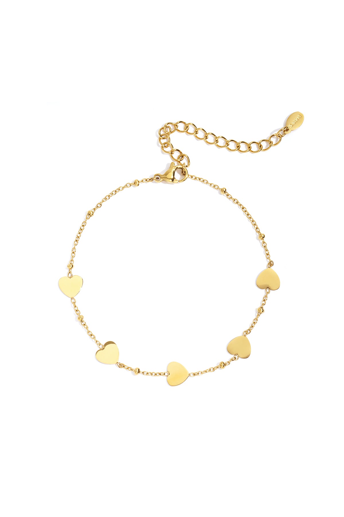 Close-up image of a delicate gold-tone chain bracelet with five smooth heart charms and an adjustable clasp