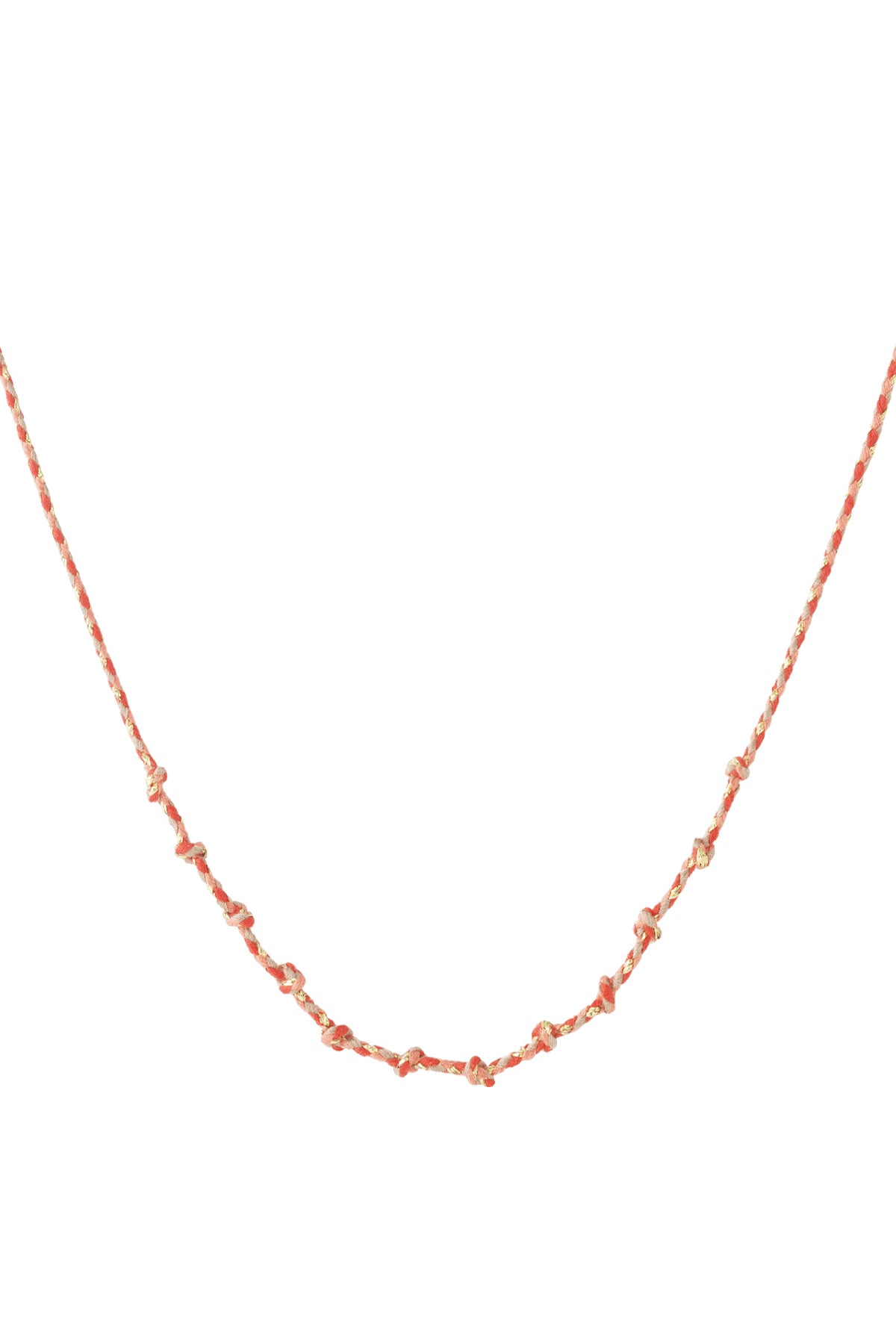 Coral and pink knotted cotton necklace with gold accents laid flat on white background