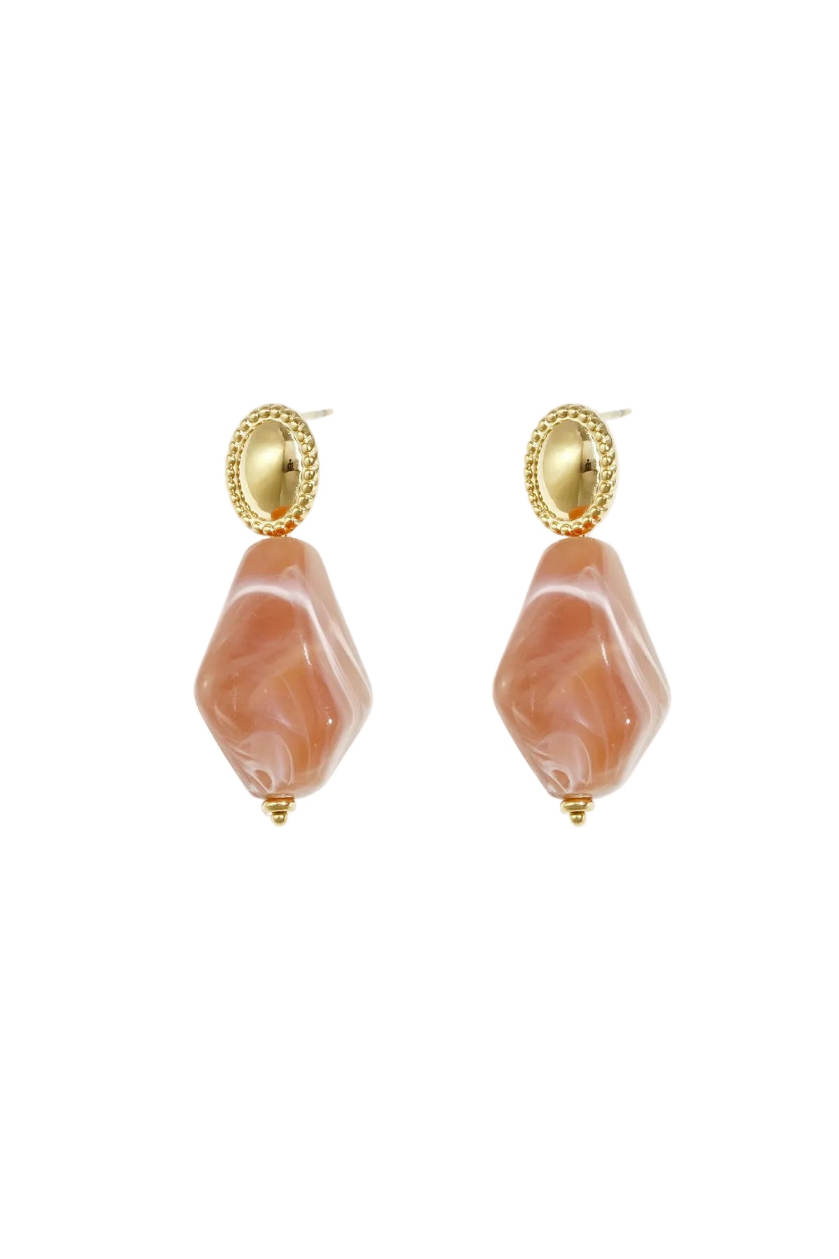 Pair of peach marbled acrylic drop earrings with gold-tone oval studs viewed from front on white background
