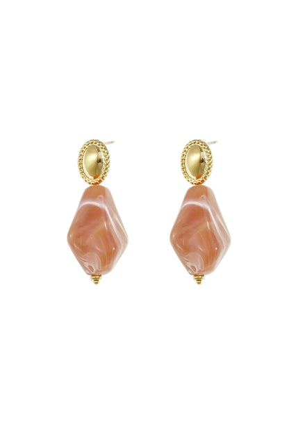 Pair of peach marbled acrylic drop earrings with gold-tone oval studs viewed from front on white background