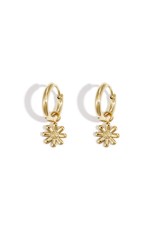 Pair of gold hoop earrings with dangling daisy flower charms on white background