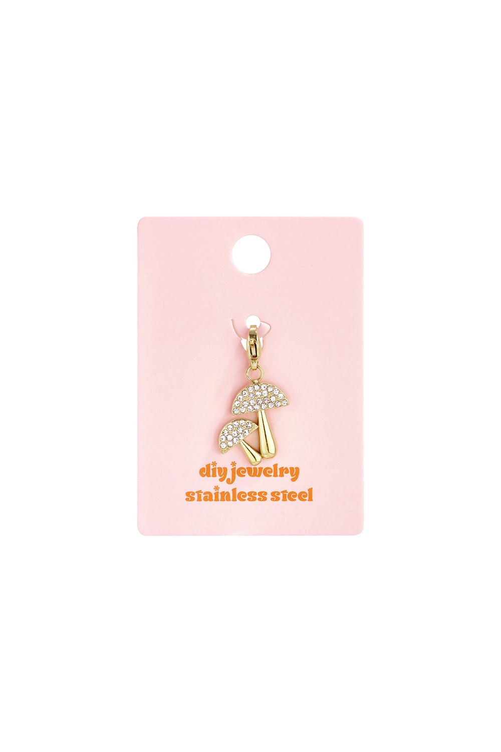 Gold-tone stainless steel mushroom charm featuring clear crystal-encrusted caps on a pink display card.