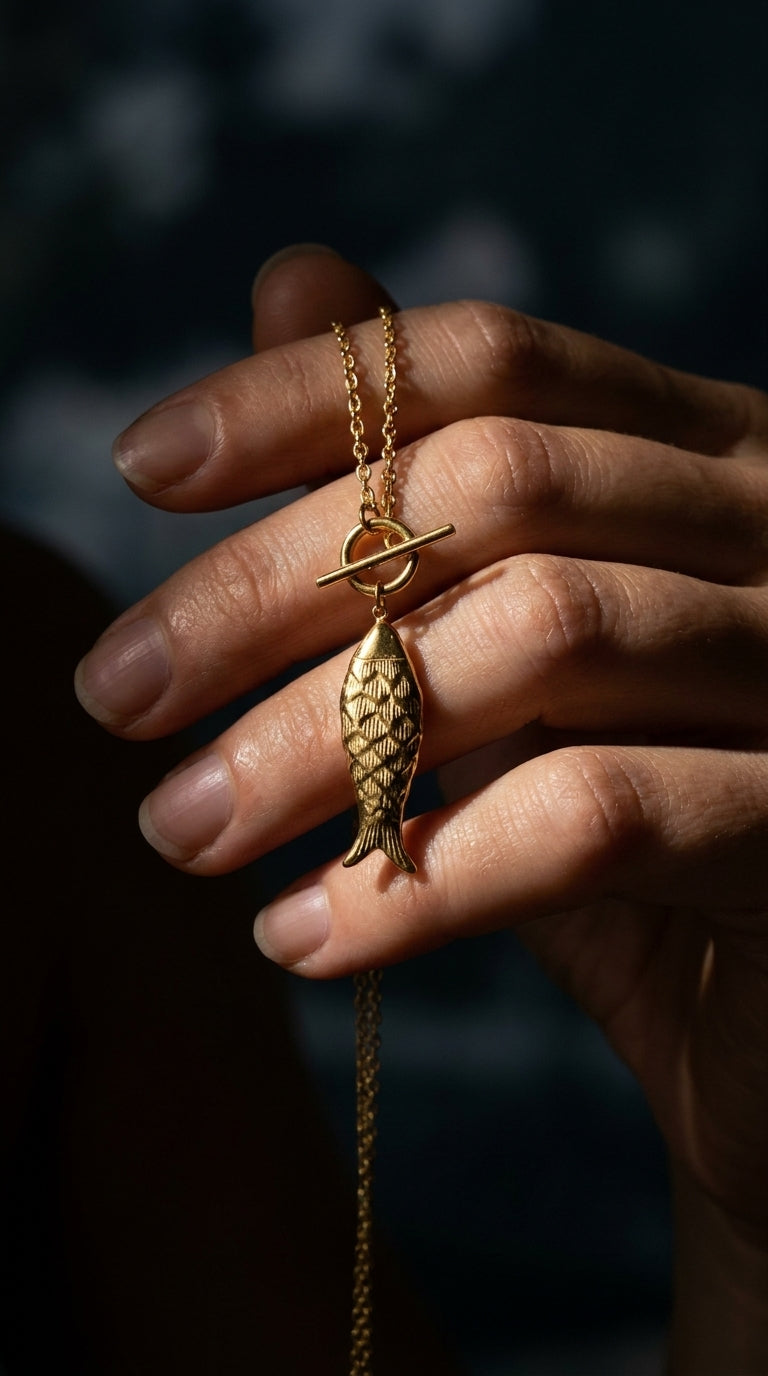 Gold Catching Vibes necklace featuring a textured fish pendant on a delicate chain with a toggle clasp.