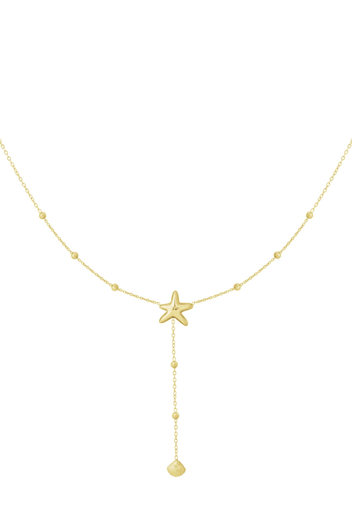 Gold starfish dangle necklace with beaded chain and hanging shell charm displayed on white backdrop