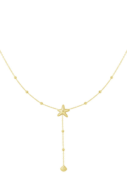 Gold starfish dangle necklace with beaded chain and hanging shell charm displayed on white backdrop