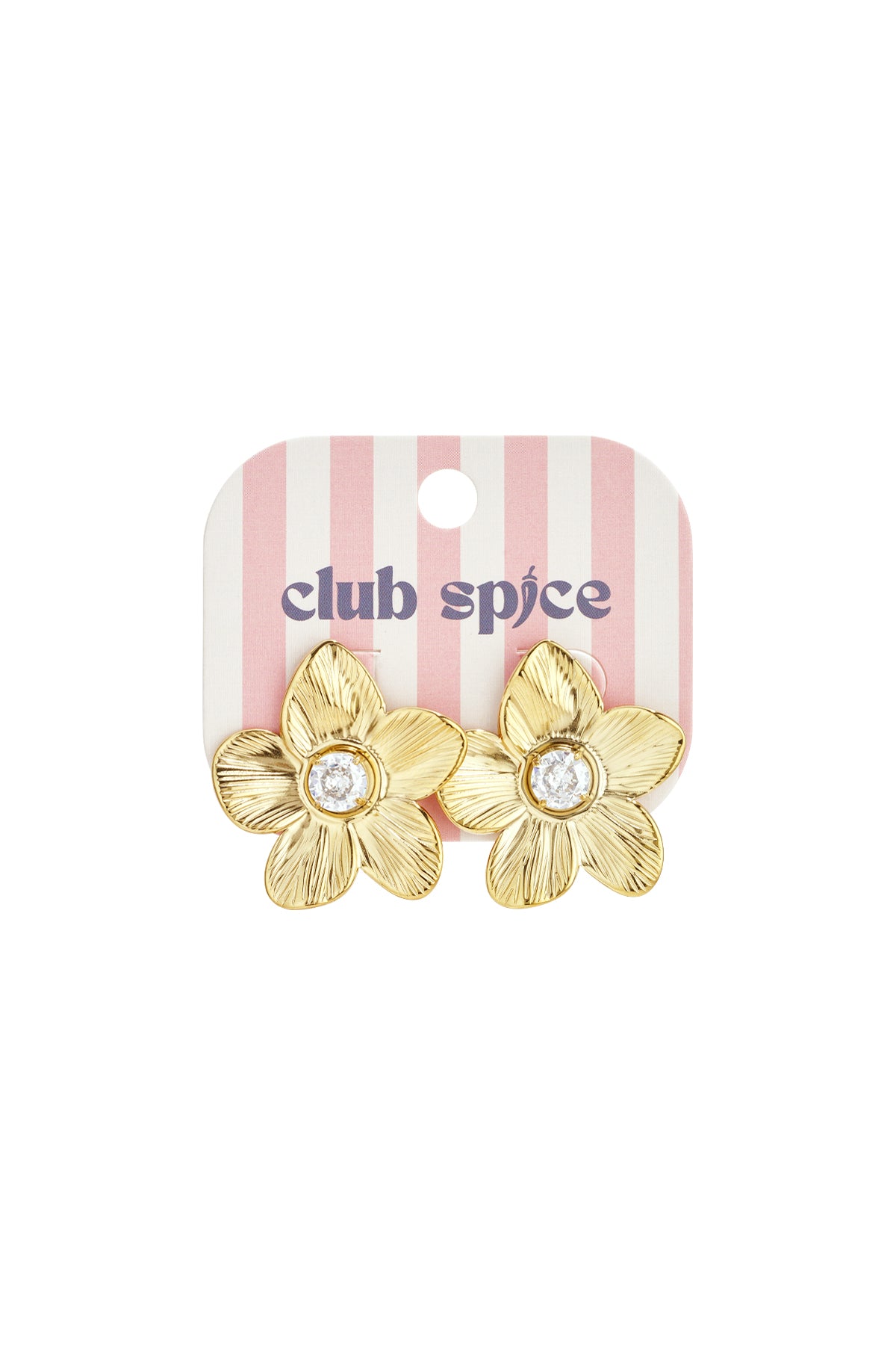 Gold floral zircon stud earrings on a branded club spice pink and white striped card