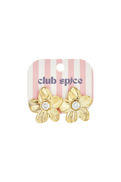 Gold floral zircon stud earrings on a branded club spice pink and white striped card
