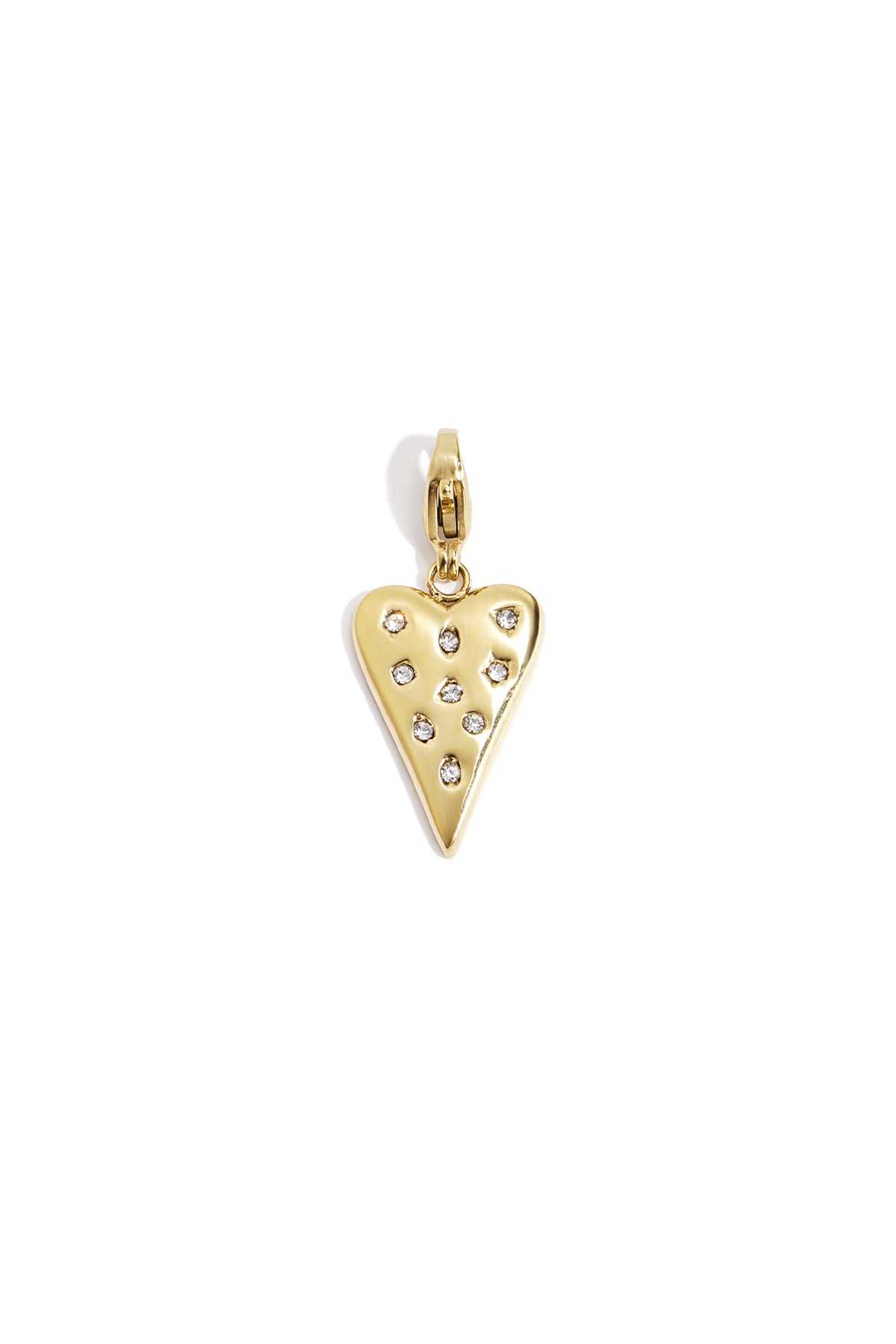 Gold heart-shaped charm with embedded rhinestones and lobster clasp on white background