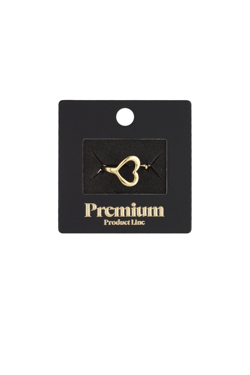 Gold Flipside Heart Ring on black display card, featuring a minimalist open-heart shape and polished metal finish.