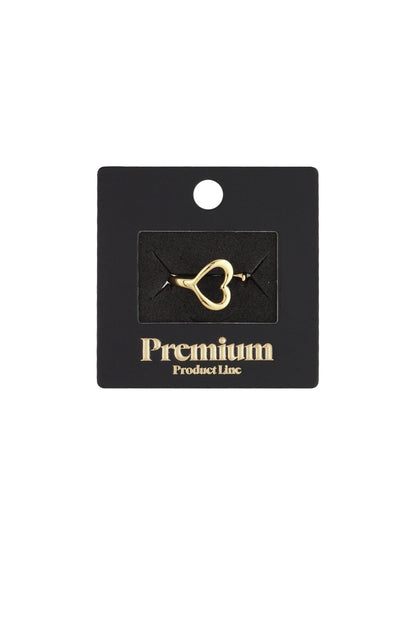 Gold Flipside Heart Ring on black display card, featuring a minimalist open-heart shape and polished metal finish.