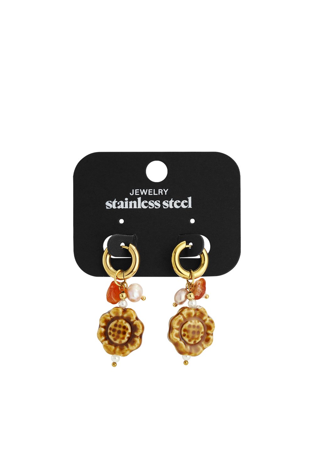 Main Character Petal Drops: Gold hoop earrings featuring brown ceramic flower charms, small pearls, and orange stone beads.