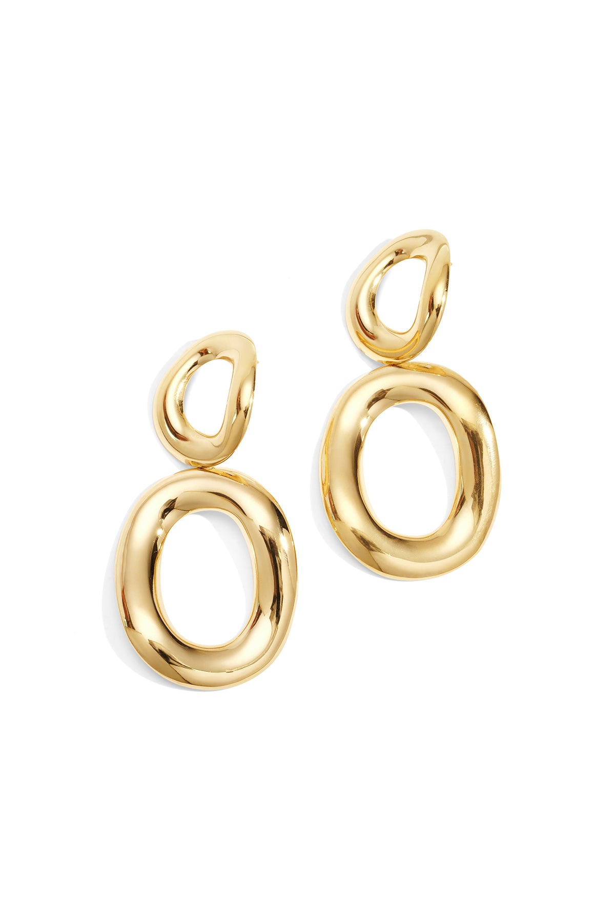 Pair of shiny gold twist oval drop earrings with smooth, organic shapes on white background