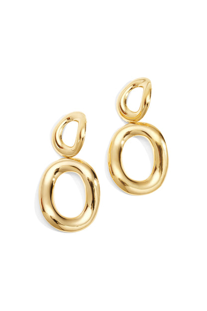 Pair of shiny gold twist oval drop earrings with smooth, organic shapes on white background