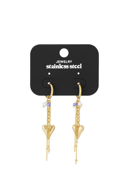 Dreamy Blue Heartz gold stainless steel hoop earrings with dangling heart charms and blue bead accents.