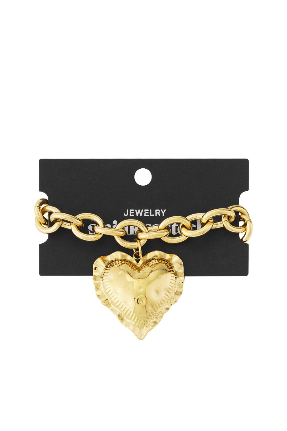Gold-tone chunky link chain bangle featuring a large, textured heart pendant with a ruffled edge on a display card.