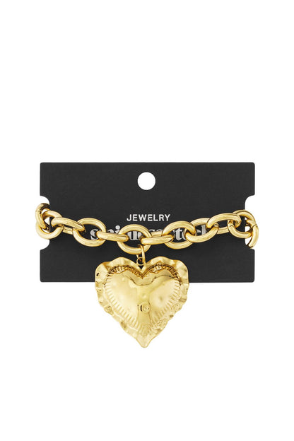 Gold-tone chunky link chain bangle featuring a large, textured heart pendant with a ruffled edge on a display card.