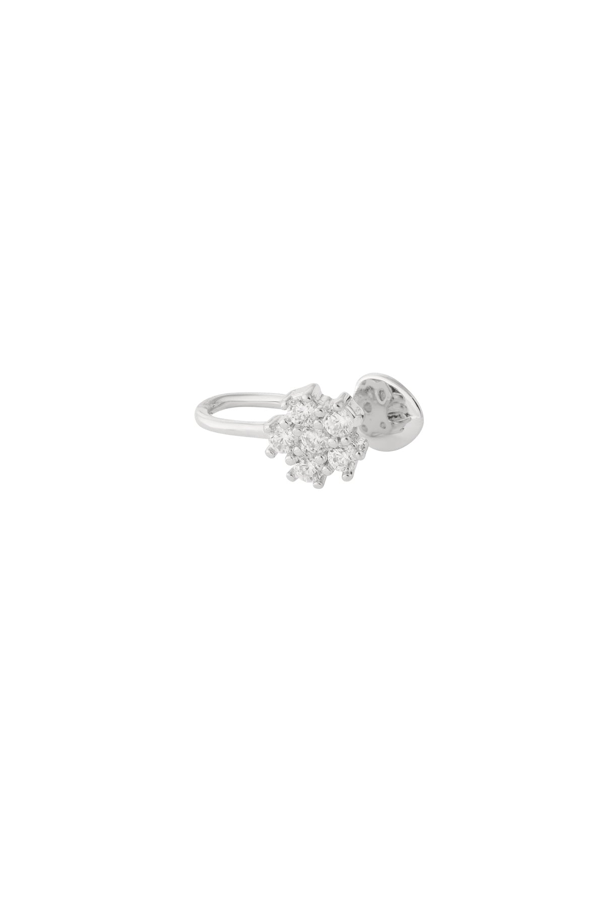 Silver floral crystal ear cuff with seven clear stones shown against white background