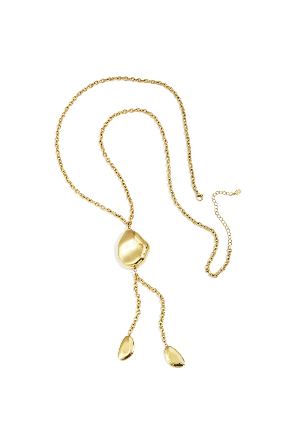 Gold long necklace with irregular-shaped pendant and two dangling accents displayed on a white background