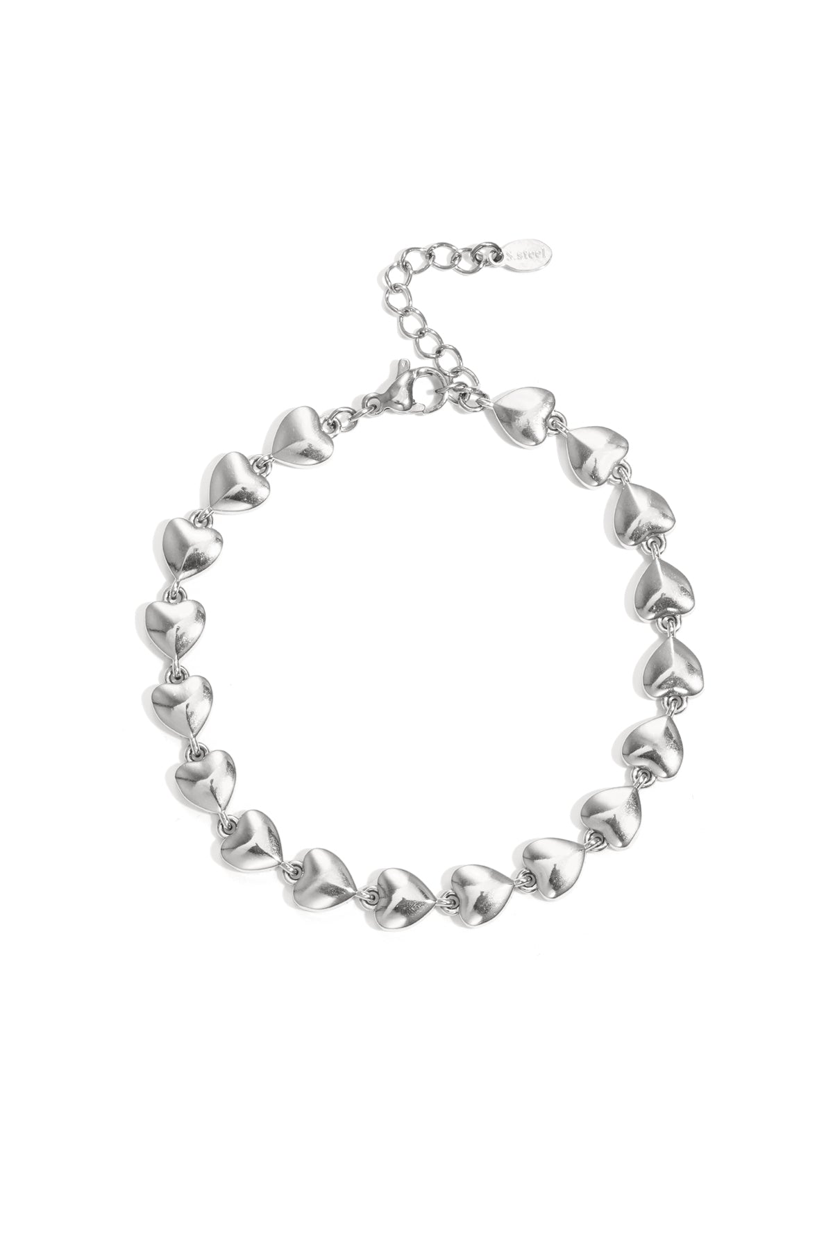 Silver-color chain bracelet featuring linked three-dimensional heart shapes on white background