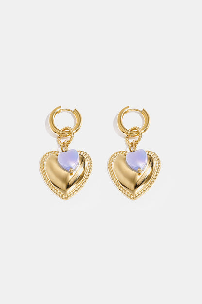 Hoop earrings with heart pendant and bead on ring