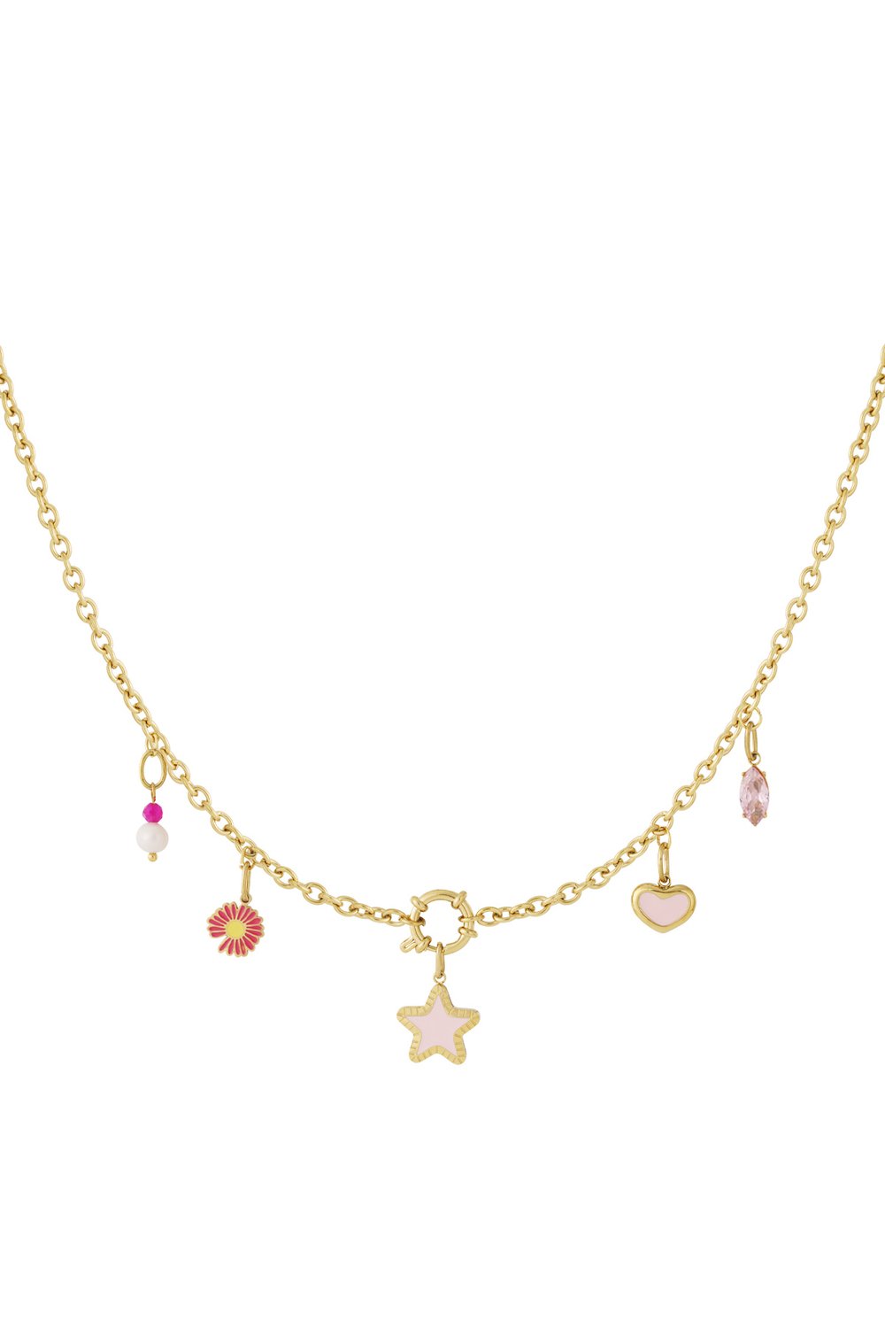 Gold chain necklace featuring dangling charms: a pink star, heart, flower, crystal, and pearl bead.