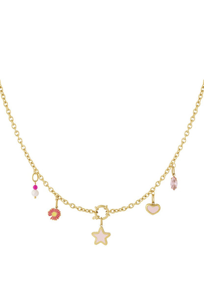 Gold chain necklace featuring dangling charms: a pink star, heart, flower, crystal, and pearl bead.