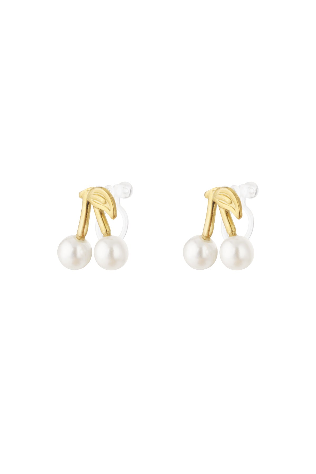 Pair of cherry clip-on earrings with gold-tone stems and pearl cherries on white background