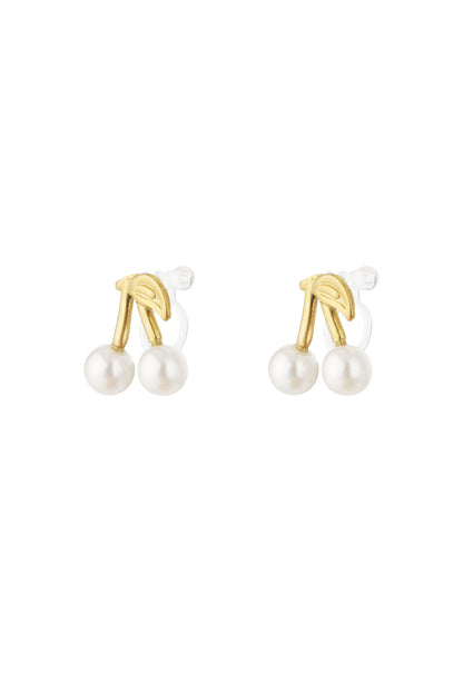Pair of cherry clip-on earrings with gold-tone stems and pearl cherries on white background