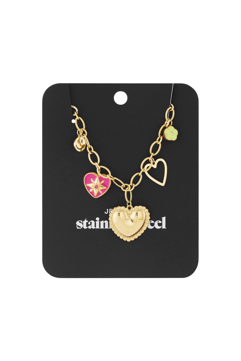 Gold-tone chain bracelet with charms: large textured heart, pink enamel star-heart, open heart, smiley face, and flower.