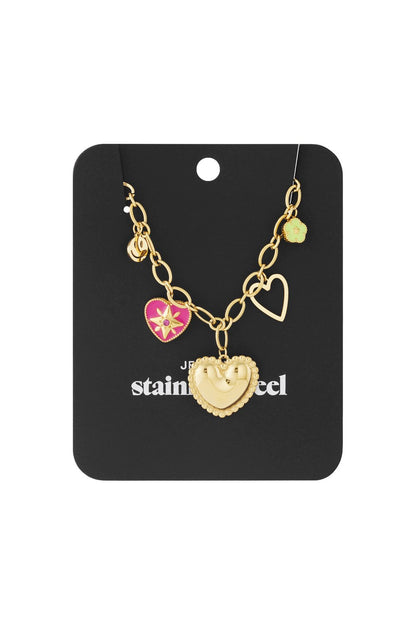 Gold-tone chain bracelet with charms: large textured heart, pink enamel star-heart, open heart, smiley face, and flower.
