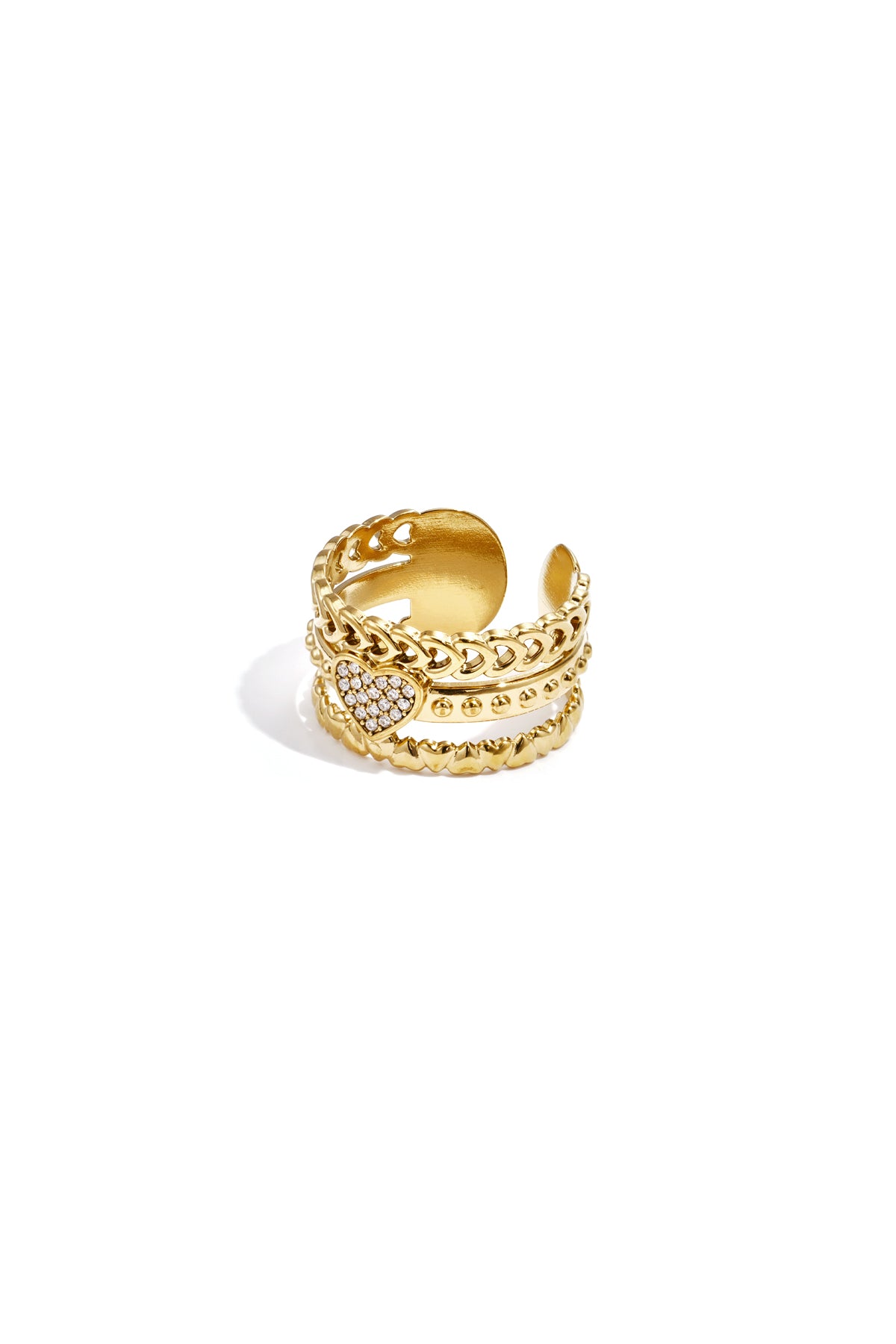 Gold multi-chain statement ring featuring a sparkling rhinestone heart on an adjustable band