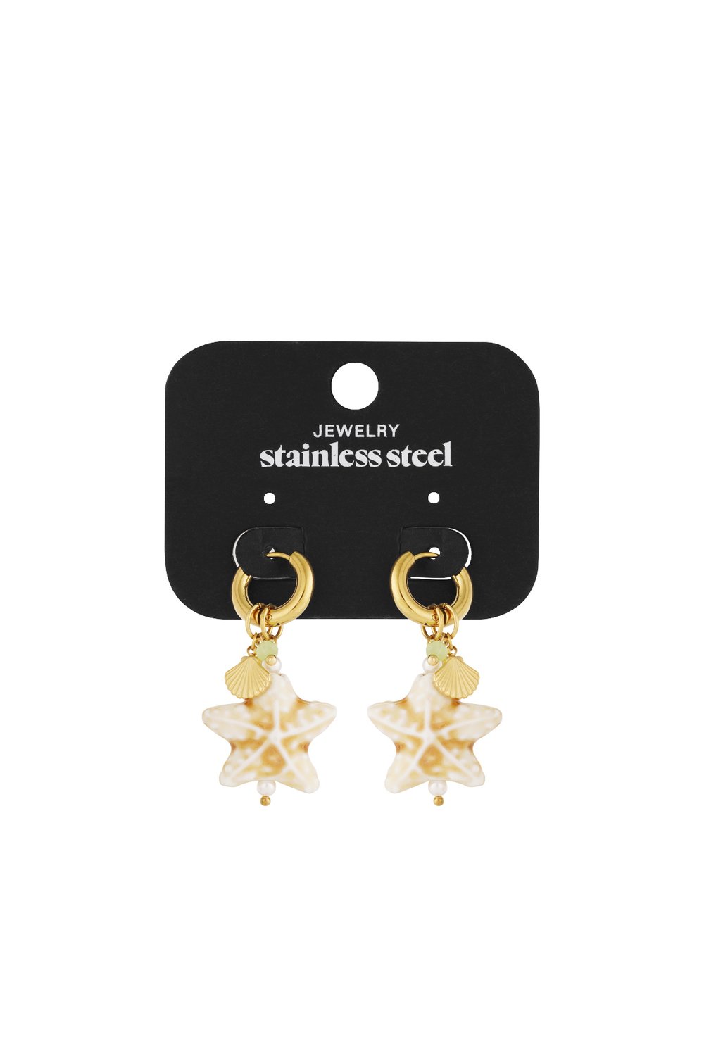 Gold stainless steel hoop earrings with white starfish, small shell charms, and dainty beads on a display card.