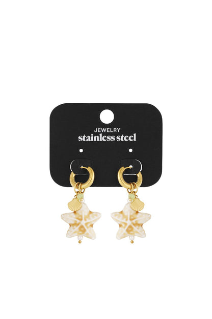 Gold stainless steel hoop earrings with white starfish, small shell charms, and dainty beads on a display card.