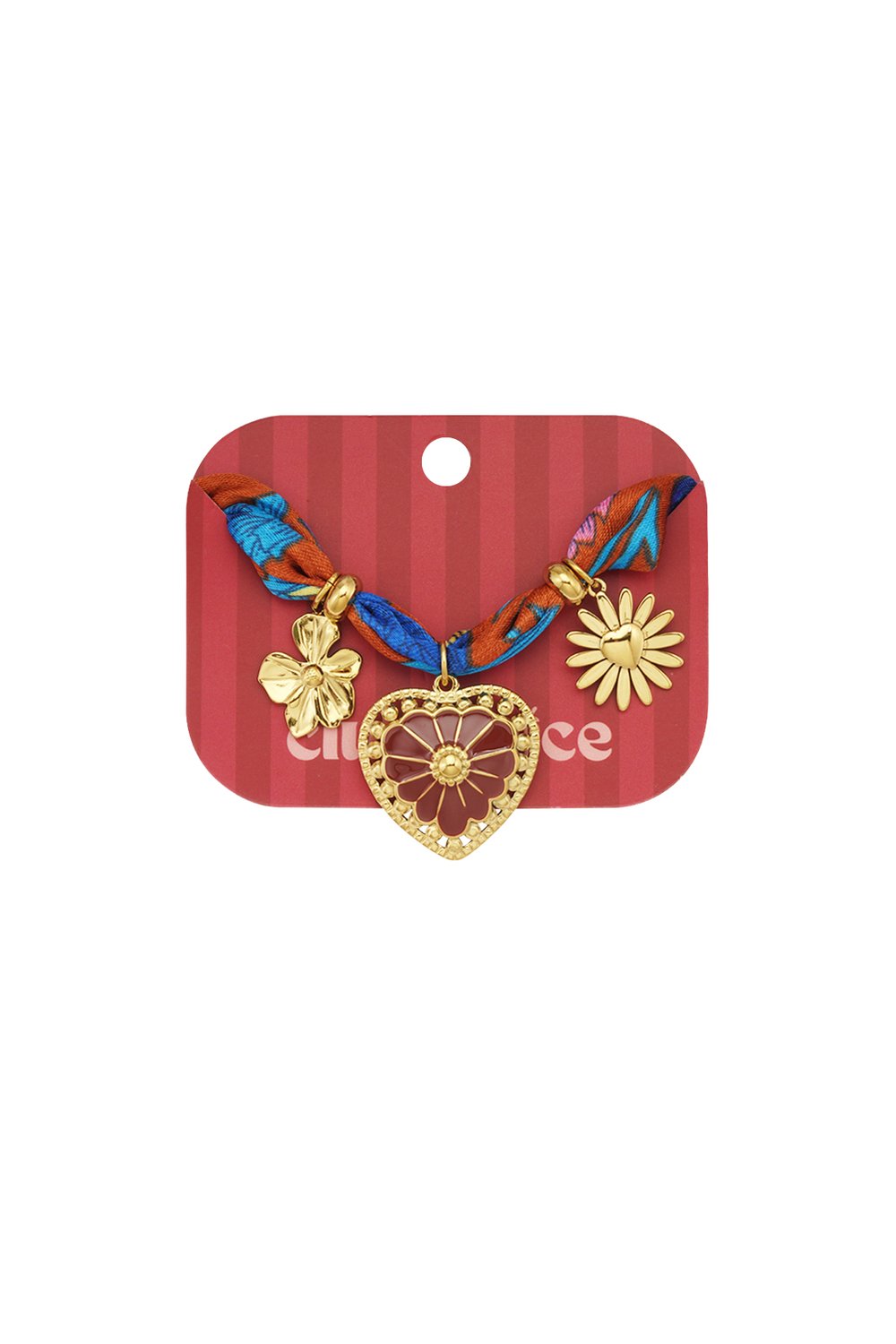 Gold-tone charm bracelet featuring a heart pendant, flower and daisy charms on a colorful patterned fabric ribbon.