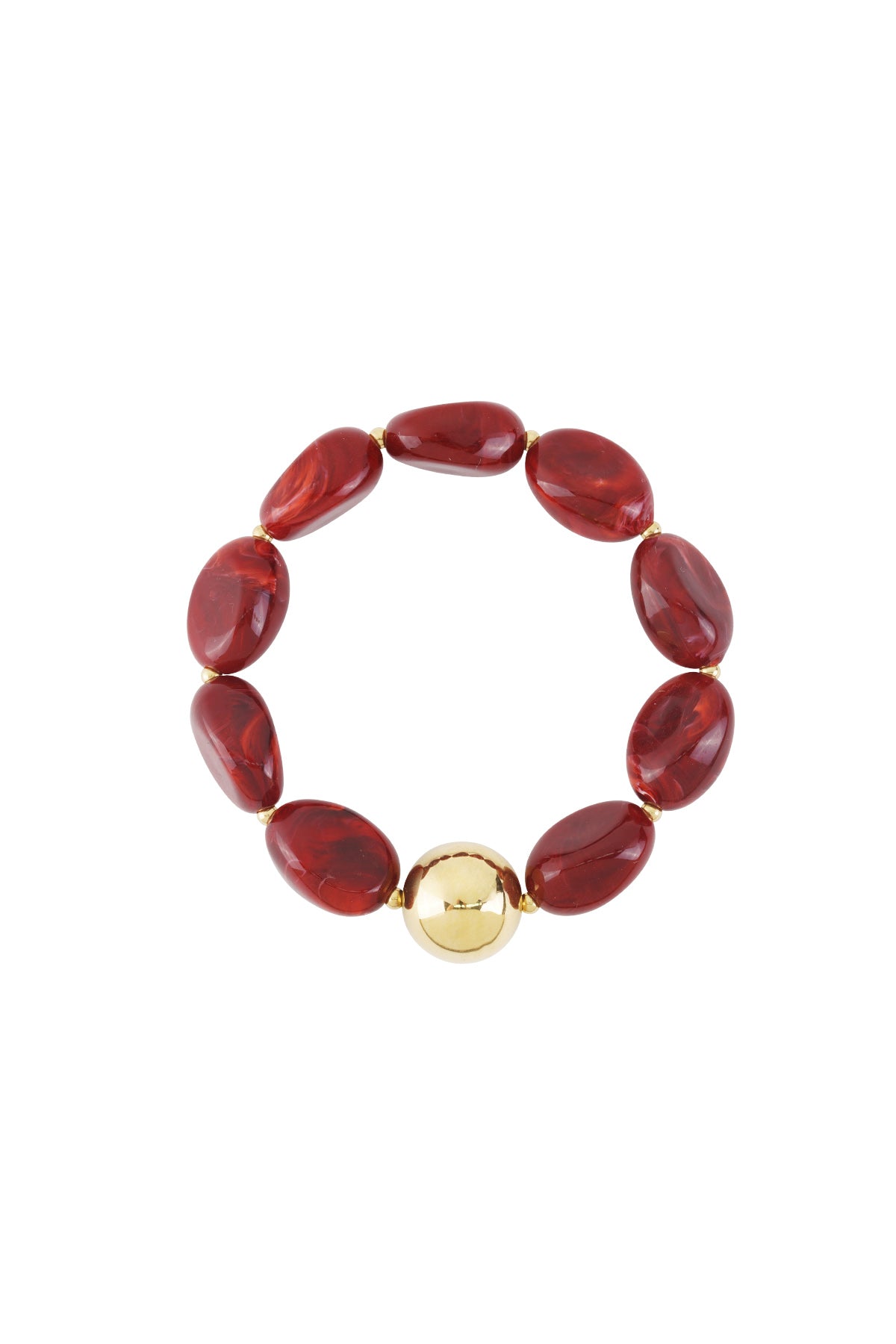 Chunky red marbled acrylic beaded bracelet with large shiny gold bead on white background