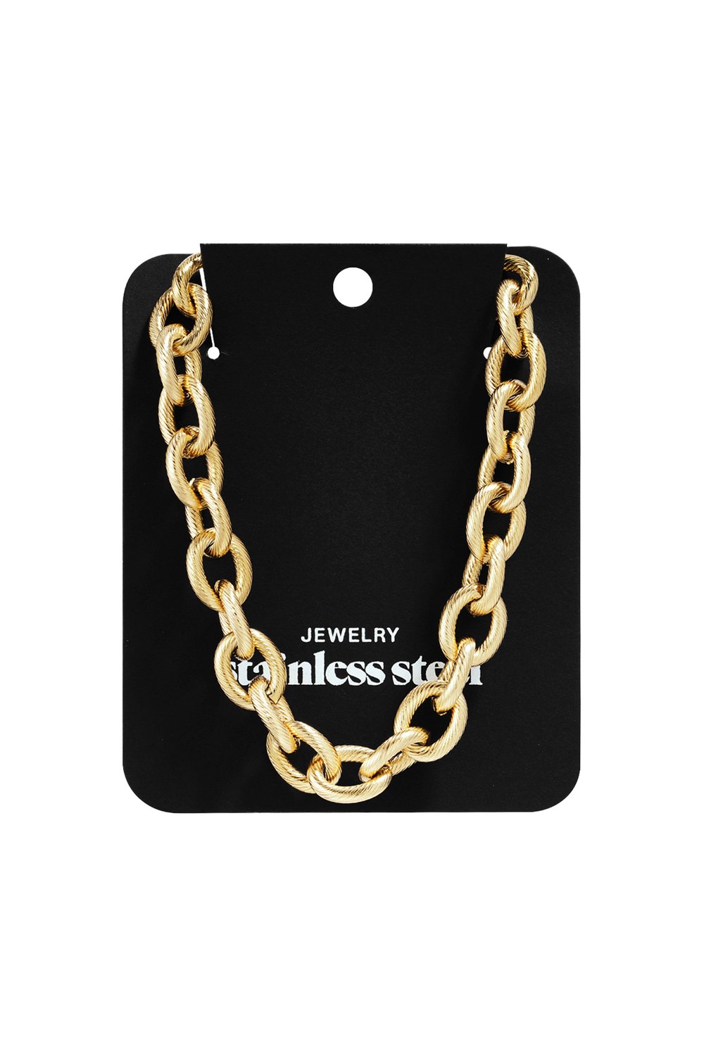 Golden Hour Drip gold-toned chunky chain link necklace with a textured finish, displayed on a black stainless steel card.