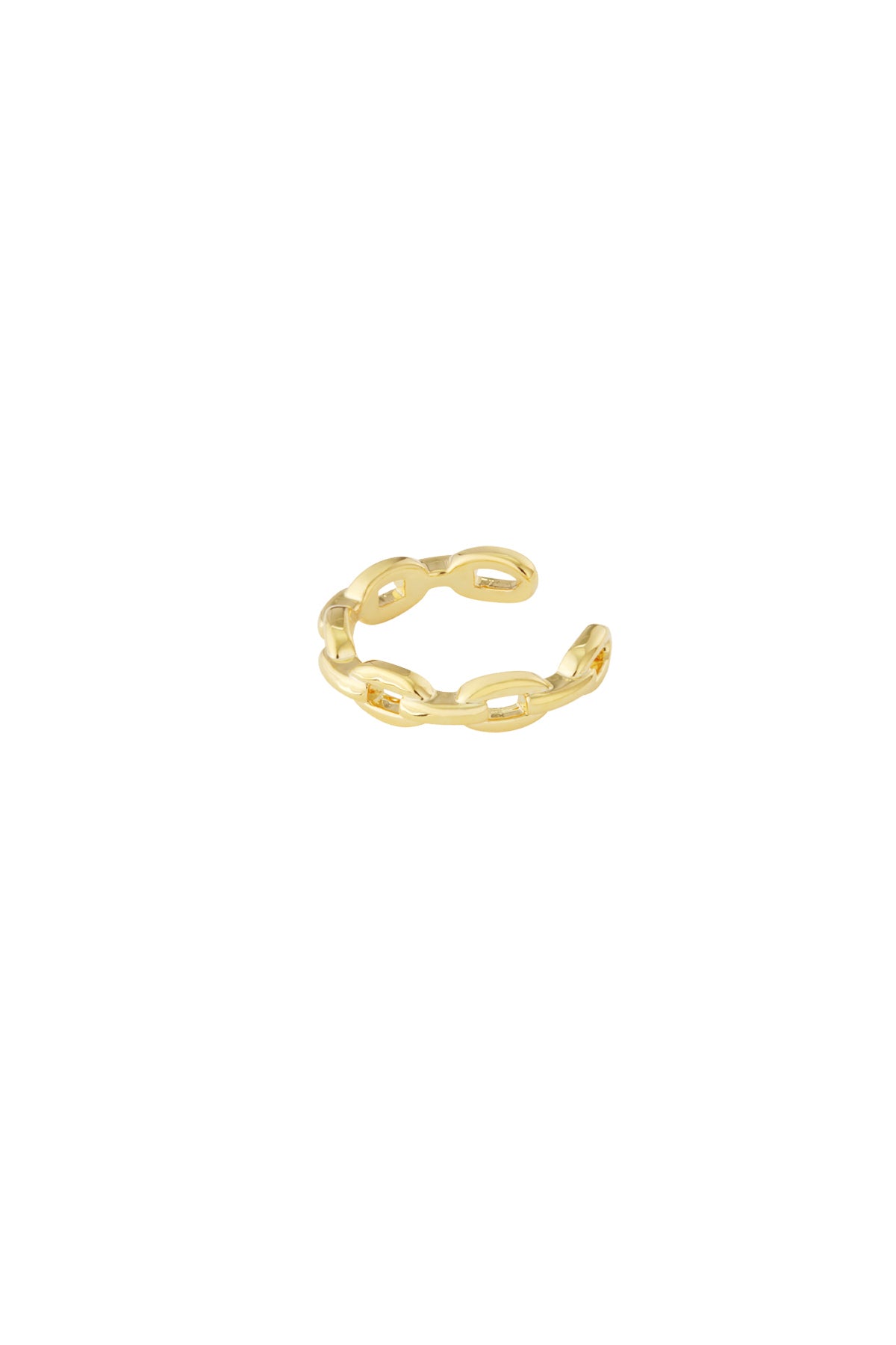 Gold-tone open chain link ear cuff with polished finish isolated on white background