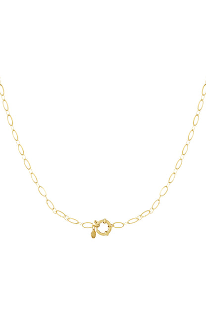 Close-up of delicate gold link necklace with round clasp on white background