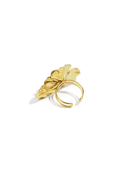 Bloom Power gold-tone adjustable ring featuring a sculptural, organic flower design with a polished metallic finish.