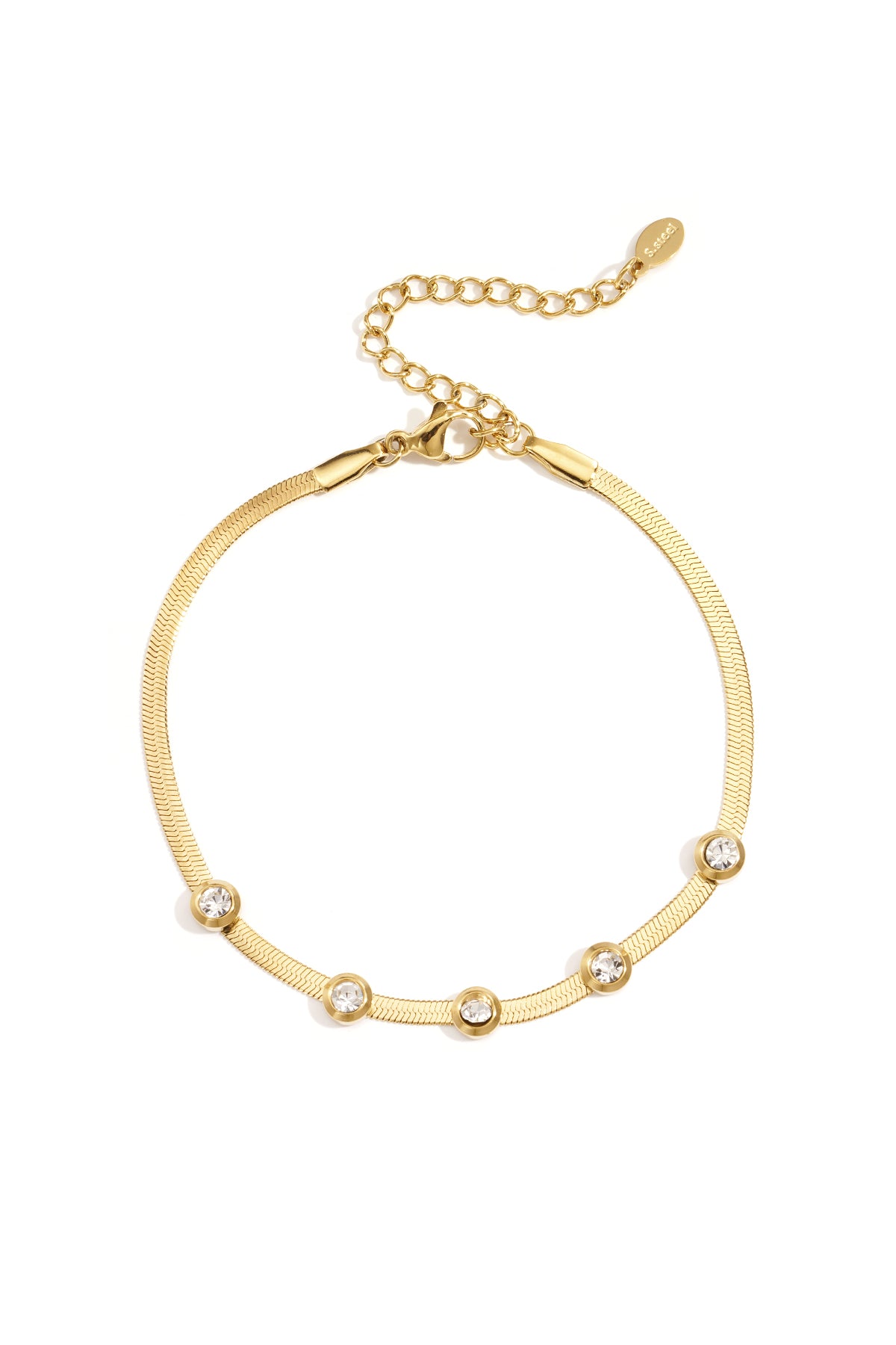 Gold-tone chain bracelet featuring five clear rhinestones and adjustable lobster clasp on white background