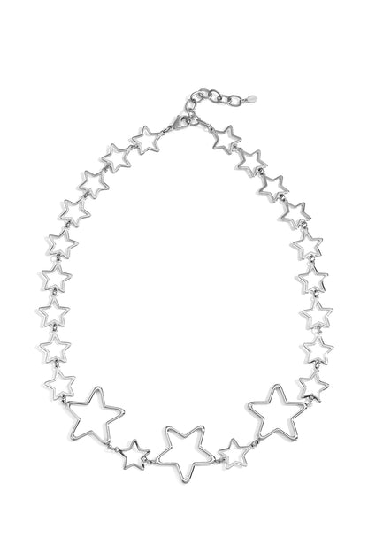 Silver star chain necklace with varying open star shapes laid flat
