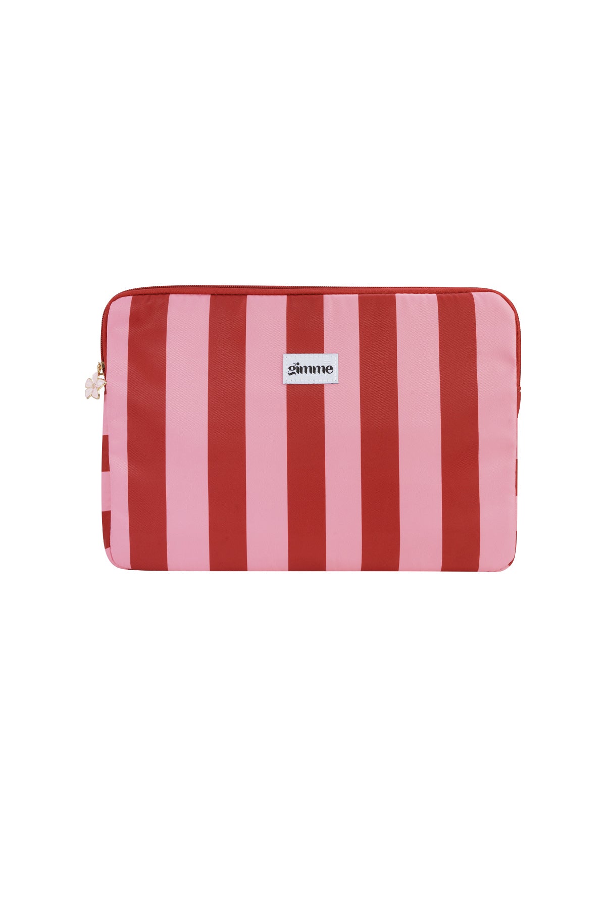Red and pink striped laptop sleeve with white 'gimme' label and floral zipper charm