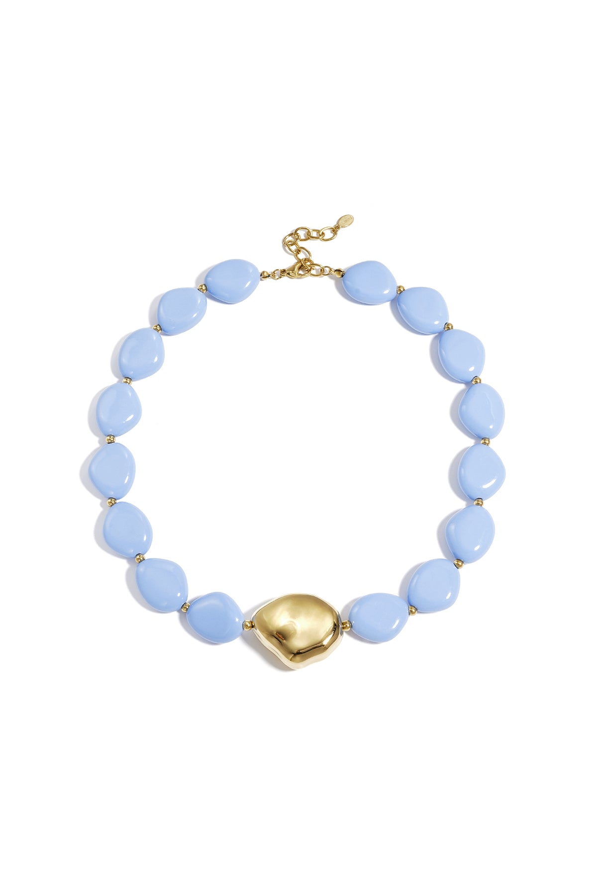 Sky blue beaded necklace with gold-tone center bead and golden clasp displayed on white background