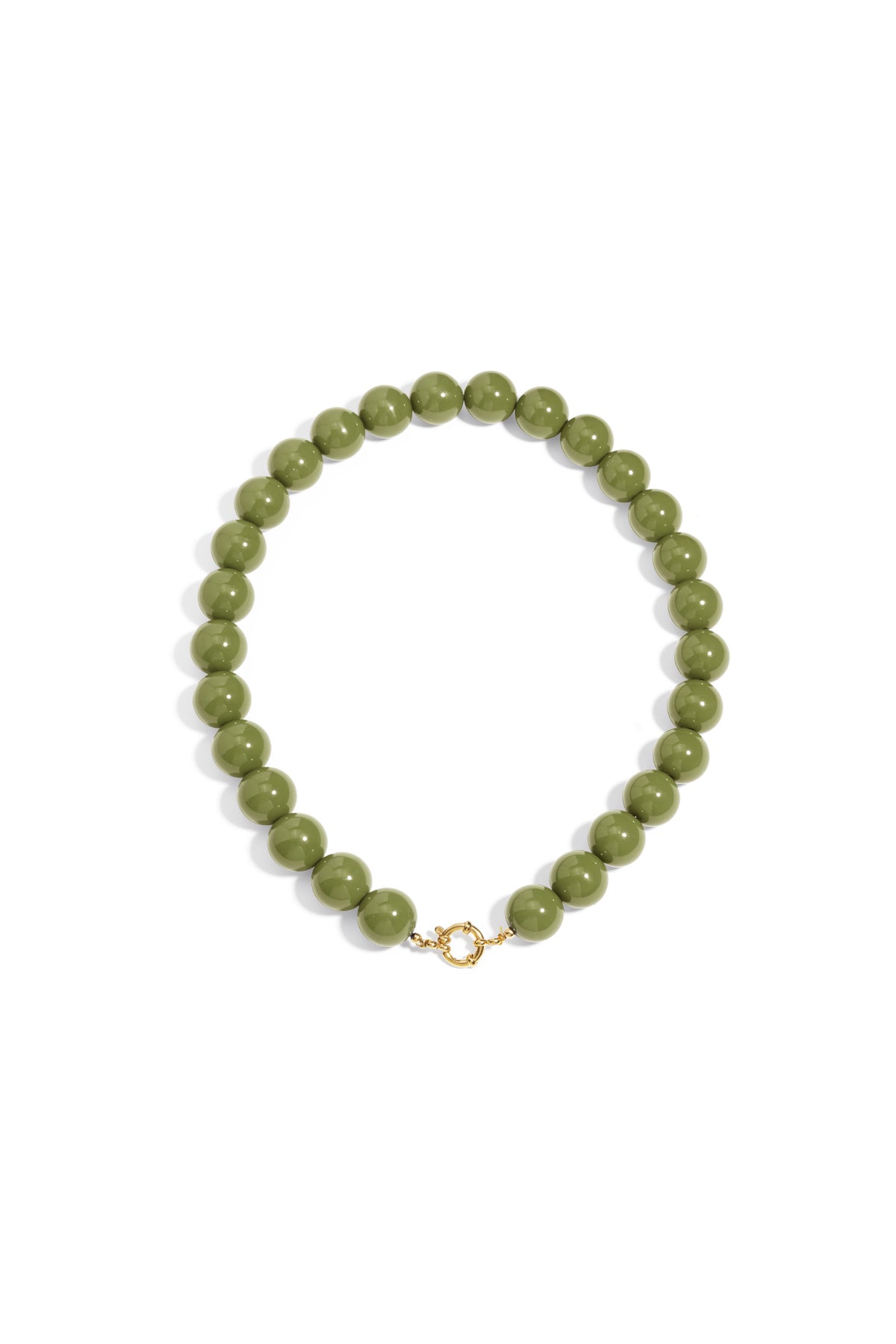 Chunky olive green resin bead necklace with a gold-tone circular front clasp, set against a plain white background.