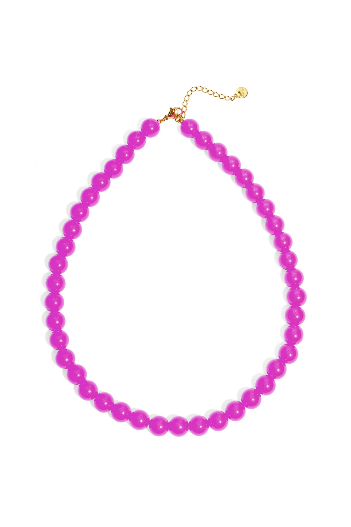 Vibrant magenta resin beaded necklace featuring round beads and a gold-tone chain clasp on a white background.